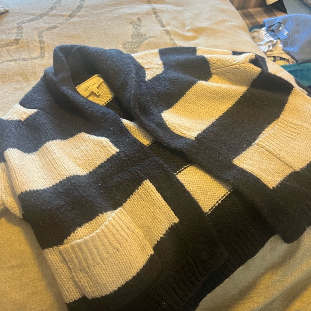 The Great , navy blue and cream  Striped Cardigan
